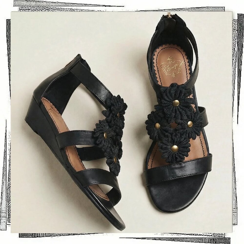 Black Leather Floral Gladiator Sandals (7) Miss Albright
